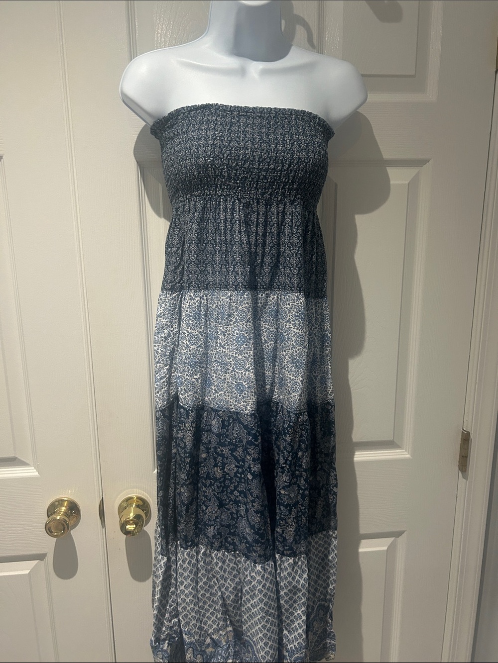 100% Cotton Smocked Strapless Maxi Dress - Navy Pattern